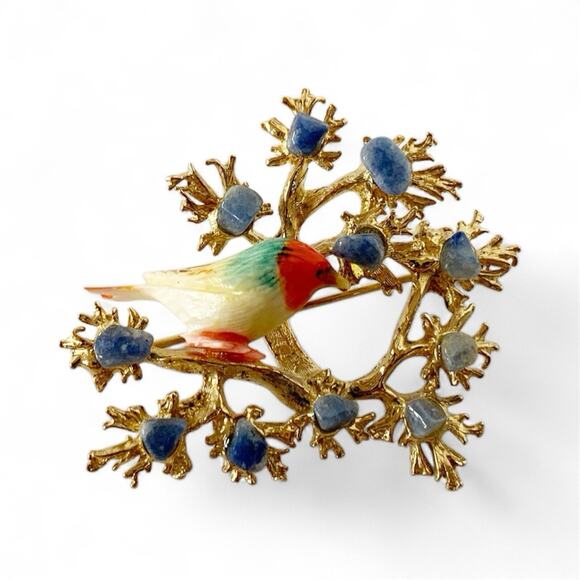 Vintage Enamel Bird Brooch Pin On Branch Gold Tone Blue Rhinestone Prong 1.75" - Picture 1 of 8